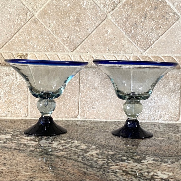 Set Margarita Glasses Cobalt Blue Rim Pedestal Hand Blown Bubble Glass Vtg Wine - Picture 6 of 10